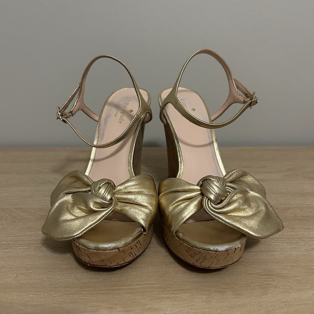 Kate Spade New York Gold Cork Platform Bow Sandal Wedges